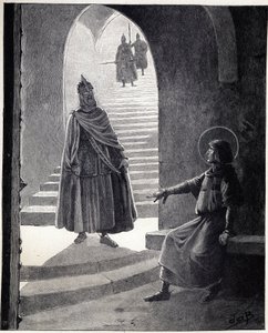 Buď křesťanem, učiním tě rytířem slova Ludvíka IX. řekl svatý Ludvík (1214-1270) pohankovému náčelníkovi, který vstoupil do vězení, aby se stal rytířem. Ilustrace Job (Jacques Marie Gaston Onfray a Breville) (Jacques-Marie) (1858-1931) pro t od pseudonym for Onfray de Breville Jacques Job