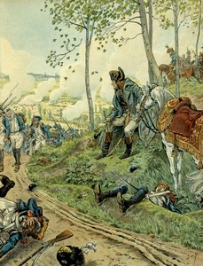 Italské tažení (1799-1800): Napoleon I. Bonaparte (1769-1821) v bitvě u Marenga dne 14. června 1800 v Piemontu (Itálie), proti napoleonským a rakouským armádám. Ilustrace Jacques Marie Gaston Onfray de Breville dit JOB (1858-1931). Soukromý C od pseudonym for Onfray de Breville Jacques Job