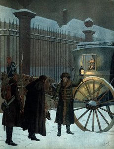 Porazil ruské tažení a vrátil se do Paříže: Napoleon I. Bonaparte (1769-1821) v sedanu přijel do Tuileries 18. prosince 1812 v 11 hodin večer po ruském ústupu. Ve filmu „Napoleon“ od Georgese Montorgueila. Ilustrace J od pseudonym for Onfray de Breville Jacques Job