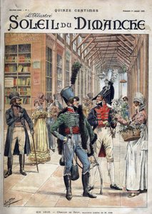 Každý svou květinu. Voják koupil květiny od prodavačky v kryté galerii v Paříži v roce 1816. Z akvarelu od pana Joba. Rytina v „Le sun-du-dimanche“, LE 1. LEDNA 1899. od pseudonym for Onfray de Breville Jacques Job