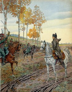 Císař Napoleon I. Bonaparte (1769-1821) zařídil v roce 1806 druhý pluk lovců koní během tažení do Pruska (Německo) před bitvou u Ieny 14. října 1806. V „Napoleon“ od Georgese Montorgueila. Ilustrace Jacques Marie od pseudonym for Onfray de Breville Jacques Job