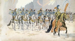 Entrée krále Karla VI. (1368-1422) v Paříži doprovází třicet trubek. ve „“ Francii, jeho příběh vyprávěl G. Montorgueil, imagee by Job“““ 1896. Soukromá sbírka. od pseudonym for Onfray de Breville Jacques Job