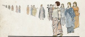 Femmes des ""svobodní muži"" (svobodní občané) nosící své šaty sešité na rameni a těžké šperky na pažích. ve „“ Francii, jeho příběh vyprávěl G. Montorgueil, imagee by Job“““ 1896. Soukromá sbírka. od pseudonym for Onfray de Breville Jacques Job