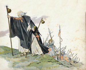První křížová výprava: Petr poustevník (1050-1115) vede křížovou výpravu k výkřiku „Bůh to chce!“ . Má na sobě kabát, bije křížem a drží pelerinový bumlík. Doprovází ji malá holčička symbolizující Francii. ve Francii, její příběh vyprávěl G. Montor od pseudonym for Onfray de Breville Jacques Job