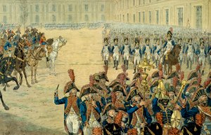 První recenze konzulární stráže na nádvoří Tuileries od Napoleona I. Bonaparta (1769-1821). Po přijetí ústavy v roce 1800 vláda opustila Peer-Lucembursko, aby se usadila v Tuileries. V den jeho instalace byla Fi od pseudonym for Onfray de Breville Jacques Job