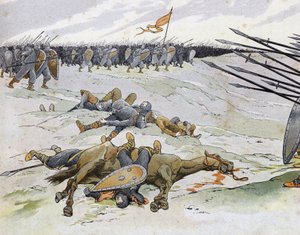 Francouzsko-anglická válka (1202-1214): vojáci, kteří zemřeli v bitvě u Bouvines dne 27. 7. 1214, která se postavila proti francouzské armádě Philippe Auguste Vlámům a Welfům z Othonu IV. ve „Francii, její příběh vyprávěný G. Montorgueilem, imagee by Job““ od pseudonym for Onfray de Breville Jacques Job