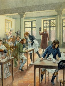 Francouzská revoluce 1789: Napoleon I. Bonaparte (1769-1821) mladý v gargotier Justat, z rue des petits peres (Petits-Peres) v Paříži, zredukován na jediné jídlo, které zaplatil za 6 pod porci. Ilustrace Jacques Marie Gaston Onfray de od pseudonym for Onfray de Breville Jacques Job