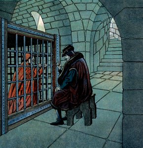 Francouzský král Ludvík XI. na návštěvě vězně kardinála Jeana de la Balue v kleci ve věznici Loche od pseudonym for Onfray de Breville Jacques Job