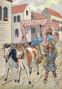 Dějiny Francie. Scéna zobrazující líné krále v hračkách: Francouzský král Thierry III. (673-691) nese v nádrži s postelí taženou voly. V “” Joujoux a l