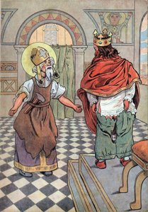 Dějiny Francie. Scéna ze života krále Dagoberta s hračkami: Svatý Eloi (v. 588-659) upozorňuje francouzského krále Dagoberta I. (602 nebo 605-638 nebo 639), že má kalhoty obrácené (spodky naruby). V „“ Joujoux a l