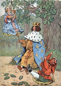 Dějiny Francie. Scéna ze života Saint Louis v hračkách: Král Ludvík IX. známý jako Saint Louis (1214-1270) podávající spravedlnost na úpatí dubu. V “” Joujoux a l