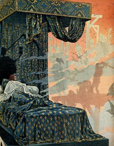 Historie Francie ve středověku (středověk): Francouzský král Ludvík XI. řekl, že Obezřetný (1423-1483) měl před smrtí úzkostné noční můry. Ilustrace Jacques Marie Gaston Onfray de Breville dit JOB (1858-1931) od pseudonym for Onfray de Breville Jacques Job