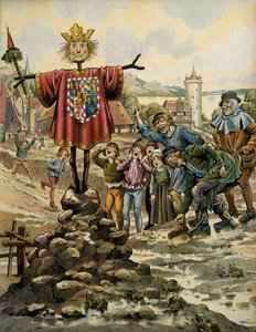 Dějiny Francie ve středověku (středověk): obyvatelé Dinantu vyrobili strašáka rukama hraběte z Charolais (tehdy Charles Le Temeraire), který 25. srpna 1466 zaútočil na město. Ilustrace Jacques Marie Gaston Onfray de Brevil od pseudonym for Onfray de Breville Jacques Job
