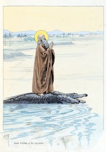 Ilustrace z knihy „A la Glory des Betes““, text A Fabre, kresby Jacques Marie Gaston Onfray de Breville dit JOB (1858-1931), editor Maison Alfred Mame et fils: Saint Pacome (abbe 292-348) a Krokodýli, soukromá sbírka od pseudonym for Onfray de Breville Jacques Job