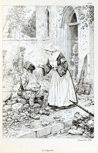 Ilustrace z knihy “La Grande Guerre par les artistes””: “” La cigarette Septembre 1914””” věřící dávající cigaretu zraněnému vojákovi od Jacquese Marie Gaston Onfray de Breville dit JOB (1858-1931), Částečná sbírka od pseudonym for Onfray de Breville Jacques Job