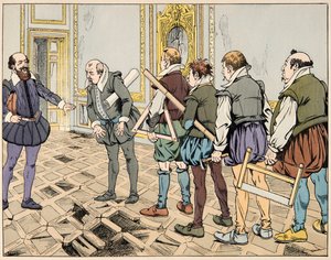 Ilustrace z knihy „Le bon roy Henri“, kterou ilustroval Jacques Marie Gaston Onfray de Breville dit JOB (1858-1931): Sully (Maximilian de Bethune) ukazuje tvrdou ekonomiku - Soukromá sbírka od pseudonym for Onfray de Breville Jacques Job