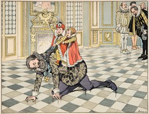 Ilustrace z knihy „Le bon roy Henri“, kterou ilustroval Jacques Marie Gaston Onfray de Breville dit JOB (1858-1931): Před španělským velvyslancem si Henri IV hraje se svými dětmi - Soukromá sbírka od pseudonym for Onfray de Breville Jacques Job