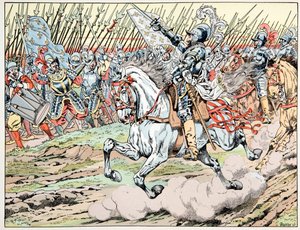 Ilustrace převzatá z knihy „“Le bon roy Henri””, ilustrovaná Jacquesem Marie Gastonem Onfray de Breville dit JOB (1858-1931): Henri IV před svou armádou: Následuj mon plume blanc - Soukromá sbírka od pseudonym for Onfray de Breville Jacques Job