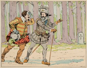 Ilustrace převzatá z knihy „Le bon roy Henri“, ilustrovaná Jacquesem Marie Gaston Onfray de Breville dit JOB (1858-1931): Henri IV uděluje milost Charlesi de Lorraine (1554-1611) vévodovi z Mayenne poté, co ho donutil na trochu cvičení - Priva od pseudonym for Onfray de Breville Jacques Job