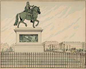 Ilustrace převzatá z knihy „Le bon roy Henri“, ilustrovaná Jacquesem Marie Gastonem Onfray de Breville dit JOB (1858-1931): Socha erige na památku Jindřicha IV. – Soukromá sbírka od pseudonym for Onfray de Breville Jacques Job