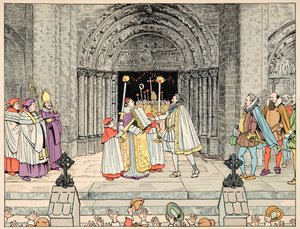 Ilustrace převzatá z knihy „Le bon roy Henri“, kterou ilustroval Jacques Marie Gaston Onfray de Breville dit JOB (1858-1931): Henri IV., Bazilika Saint Denis se vzdal svého náboženství a konvertité - Soukromá sbírka od pseudonym for Onfray de Breville Jacques Job