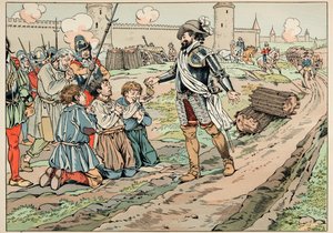 Ilustrace převzatá z knihy „Le bon roy Henri“, kterou ilustroval Jacques Marie Gaston Onfray de Breville dit JOB (1858-1931): Henri IV dává peníze a osvobozuje rolníky, kteří se pokusili do Paříže dostat jídlo - Soukromá sbírka od pseudonym for Onfray de Breville Jacques Job