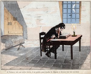 Ve Valencii (vězení) toho Napoleon využívá ke studiu Digest a stává se velmi silným v právu - Napoleon četl Digeste a posílil své znalosti práva - litografie Joba (Jacques Onfroy de Breville) z „“Le Grand Napoleon des Petites od pseudonym for Onfray de Breville Jacques Job