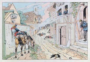 Jacques Marie Gaston Onfray de Breville dit JOB (1858 - 1931); Ilustrace převzatá z knihy „Les epees de France““: Epizoda pruské války v roce 1870, útok 9. kyrysníků ve vesnici Morsbronn; Coll, Part od pseudonym for Onfray de Breville Jacques Job