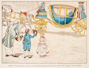 Jacques Marie Gaston Onfroy de Breville dit JOB (1858-1931) - Napoleon Bonaparte přivedený do Versailles jeho otcem vidí krále Ludvíka XVI. v Carossu poprvé v roce 1770, soukromá sbírka od pseudonym for Onfray de Breville Jacques Job