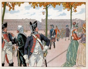 Joachim Murat (1767-1815) a Bessieres v Paříži v roce 1791 v kostýmu královské ústavní stráže. Rytina Jacques Marie Gaston Onfray de Breville dit Job (1858-1931) od pseudonym for Onfray de Breville Jacques Job