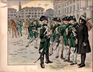 Joachim Murat (1767-1815) vstoupil do pluku lovců z Arden v roce 1787. Rytina Jacquese Marie Gaston Onfray de Breville dit Job (1858-1931) od pseudonym for Onfray de Breville Jacques Job