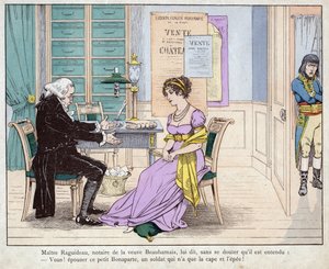 Josephine a notář - Maitre Raguideau, notář vdovy Beauharnaisové, mu řekli: Ty! vezměte si tohoto malého Bonaparta - Mistra Raguidea a Josephine - (Vy! Vezmi si tohoto malého Bonaparta) - litografie Job (Jacques Onfroy de Breville) z „“ Le Gran od pseudonym for Onfray de Breville Jacques Job