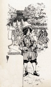 Francouzský král Ludvík XIV. zvaný král Soleil (1638-1715) se svými dvořany v zahradách Versailles. Ilustrace Joba (Jacques Marie Gaston Onfray a Breville) (Jacques-Marie) (1858-1931) pro knihu „Velká historická slova země Francie“ od pseudonym for Onfray de Breville Jacques Job