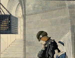 Král Ludvík XI. (1423-1483) navštíví vězně Jeana Balue (1421-1491), zavřeného v roce 1469 v železné kleci za spiknutí proti králi. ve „Francii, jeho příběh vyprávěný G. Montorgueilem, vyobrazený Jobem“““ 1896. Soukromá sbírka. od pseudonym for Onfray de Breville Jacques Job