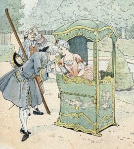 Paní šlechty v 18. století v křesle s nosiči přijímajícími polibek od pseudonym for Onfray de Breville Jacques Job