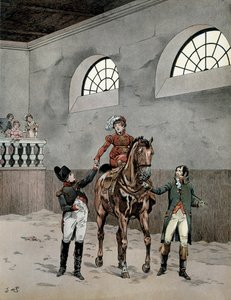 Napoleon I. Bonaparte (1729-1821) navštěvoval jezdecké lekce imprese Marie Louise Rakouské (1791-1847). Ve filmu „Napoleon“ od Georgese Montorgueila. Ilustrace Jacques Marie Gaston Onfray de Breville dit JOB (1858-1931) od pseudonym for Onfray de Breville Jacques Job