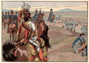 Napoleon I. Bonaparte (1769-1821) s Joachimem Muratem (1767-1815) během kapitulace Ulmu v roce 1805. Rytina Jacques Marie Gaston Onfray de Breville dit Job (1858-1931) od pseudonym for Onfray de Breville Jacques Job