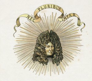 Portrét krále Ludvíka XIV. (1638-1715) s jeho heslem v latině „Nec pluribus impar““ (Žádné jiné podobné). ve „“ Francii, jeho příběh vyprávěl G. Montorgueil, imagee by Job““ 1896. Soukromá sbírka. od pseudonym for Onfray de Breville Jacques Job