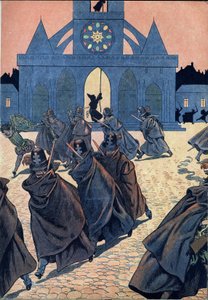 Scéna dějin Francie v hračkách: La Saint Barthelemy (Saint-Barthelemy). Mnich zazvoní na tocsin v kostele Saint Germain l