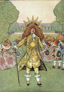 Scéna z dějin Francie v hračkách: Portrét francouzského krále Ludvík XIV. (1638-1715) řekl král Slunce ve Versailleských zahradách se svým dvorem, který vzbudil úctu. V „“ Joujoux a l