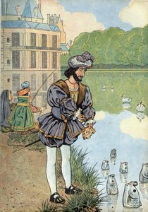 Scéna z dějin Francie v hračkách: Francouzský král Francois I. (1494-1547) dává chléb rybám z parku Fontainebleau. V “” Joujoux a l
