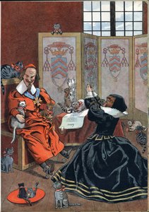 Scéna z dějin Francie v hračkách: žena prosící o odpuštění kardinála Richelieu (1585-1642) obklopená kočkami. V “” Joujoux a l