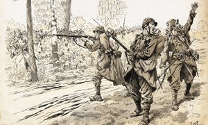 Zastřelte je! Francouzští vojáci z války v letech 1914-1918 vyslaní na hlídku, aby rozpoznali sílu a přesnou polohu nepřítele. Když našli německé jednotky, dali rozkaz ke střelbě, aniž by se museli obávat, že budou chyceni mezi požáry. Ilustrace Joba (J od pseudonym for Onfray de Breville Jacques Job