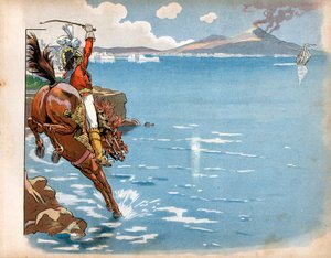 Angličané jezdili na pobřeží jeho státu a při jízdě na koni na mořském pobřeží spatřil neapolský král Joachim Murat (1767-1815) anglickou fregatu, strčil koně do vody a zaútočil. Rytina Jacques Marie Gaston Onfray de Breville od pseudonym for Onfray de Breville Jacques Job