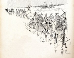 Déšť vyřadí z bitvy lučištníky armády francouzského krále Filipa VI. dit Philippe de Valois (1293-1350) zmáčením provazů luků během bitvy u Crecy v roce 1346 na začátku stoleté války. Ilustrace Joba (Jacques od pseudonym for Onfray de Breville Jacques Job