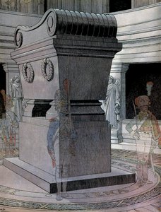 Hrobka císaře Napoleona I. Bonaparta (1769-1821) v Invalidovně se strážci duchů. Ve filmu „Napoleon“ od Georgese Montorgueila. Ilustrace Jacques Marie Gaston Onfray de Breville dit JOB (1858-1931) od pseudonym for Onfray de Breville Jacques Job