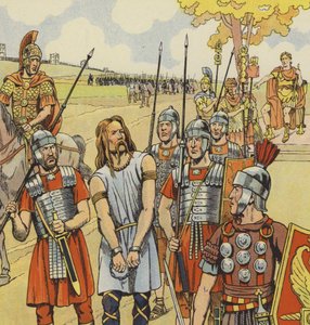 Vercingetorix se vzdává Juliu Caesarovi, 52 př.nl (barva litho) od pseudonym for Onfray de Breville Jacques Job