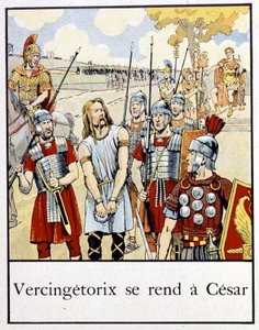 Vercingetorix se vzdává Caesarovi – v „Malé historii Francie““ od Jacquese Bainvilla, ed. Hříva od pseudonym for Onfray de Breville Jacques Job