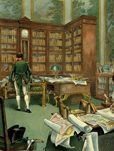 Pracovní kabinet Napoleona I. Bonaparte (1769-1821) v prvním patře Palais des Tuileries, když byl prvním konzulem. Dřevěný stůl s knihovnou a hodinami. Ilustrace Jacques Marie Gaston Onfray de Breville dit JOB (1858-1931). Private Co od pseudonym for Onfray de Breville Jacques Job