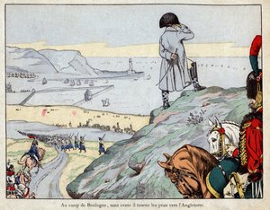 Projekt napadení Anglie anglickou armádou vedenou Napoleonem z tábora Boulogne-sur-Mer v březnu 1803 - litografie Job